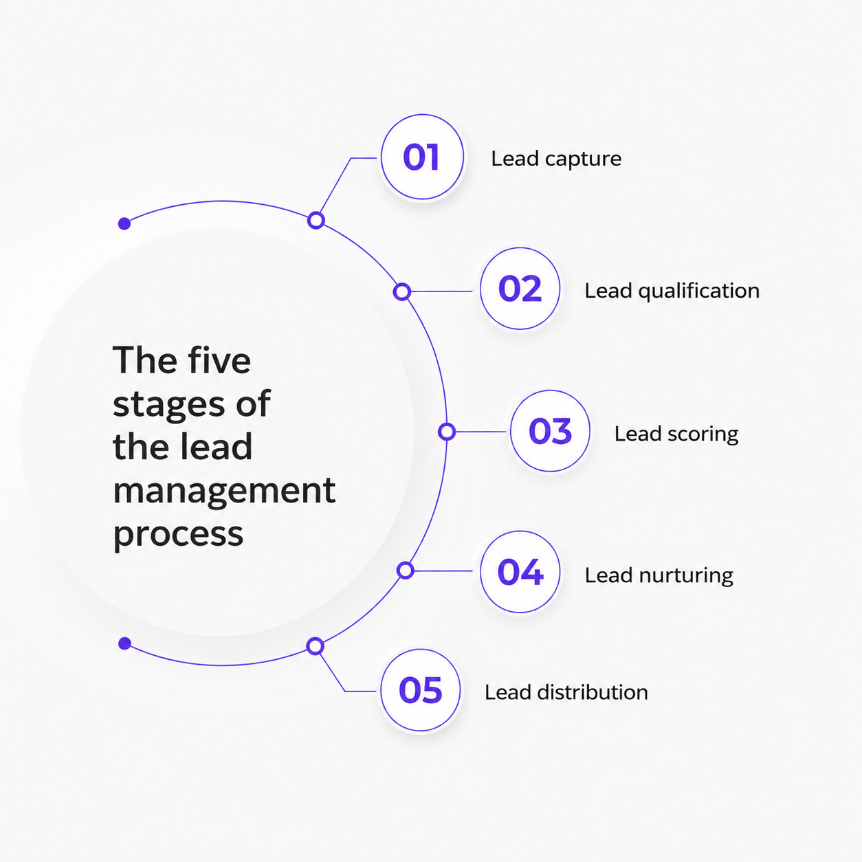 Infographic showing the five stages of the lead management process: Lead Capture, Lead Qualification, Lead Scoring, Lead Nurturing, and Lead Distribution,